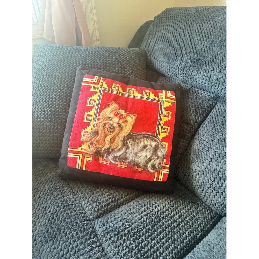 Vintage 1993 Yorkshire Terrier Yorkie Dog Portrait Decorative Throw Pillow Red